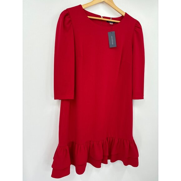 Tommy Hilfiger Shift Puff Sleeve Dress Ruffle Hem Red 16 NEW - Picture 2 of 6